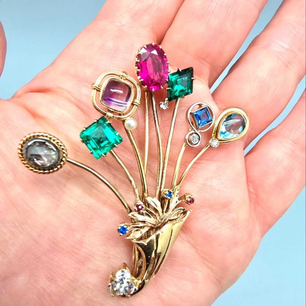 Rare large Vintage 14K Rose Gold Multi Pressure Stones Brooch Pin